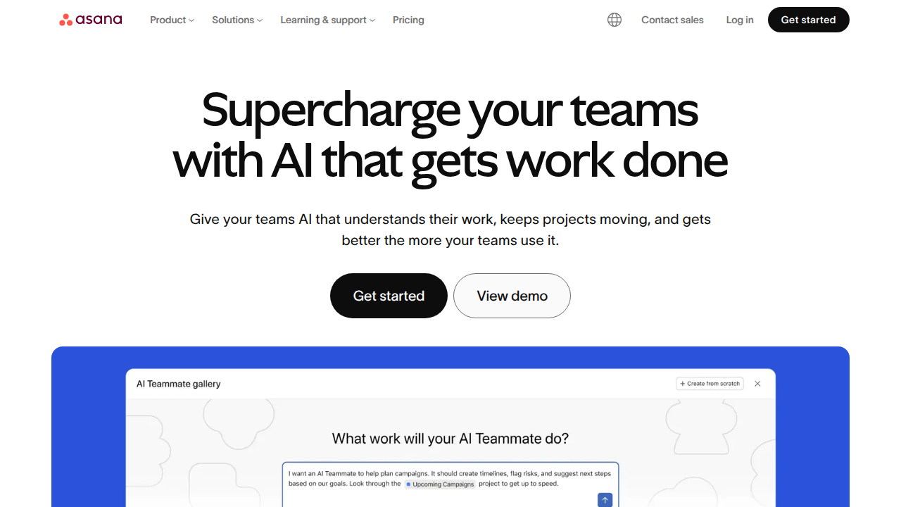 Screenshot of the Asana homepage, a platform known for helping teams manage work and collaborate effectively.