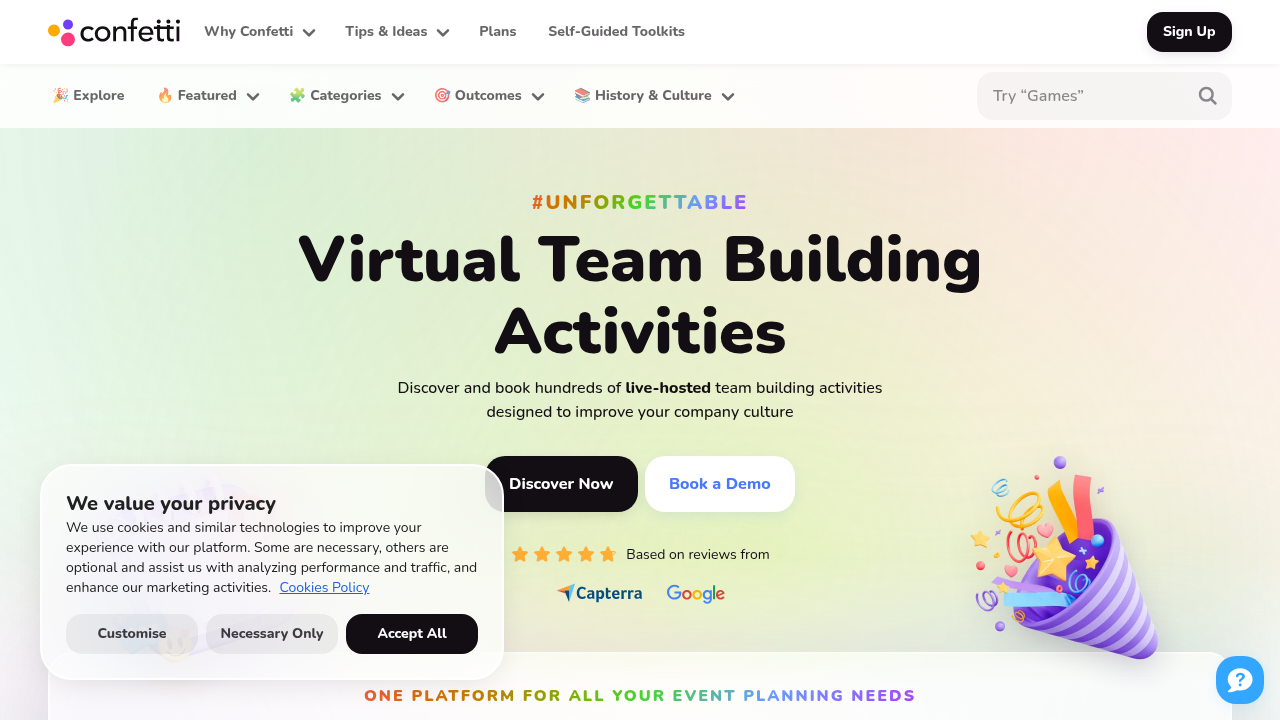 Screenshot of the WithConfetti homepage, a resource for virtual team building activities and scavenger hunts.