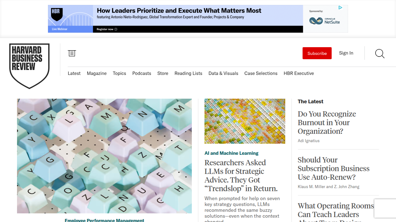 Screenshot of the Harvard Business Review (HBR) homepage, a leading publication for management and business insights.
