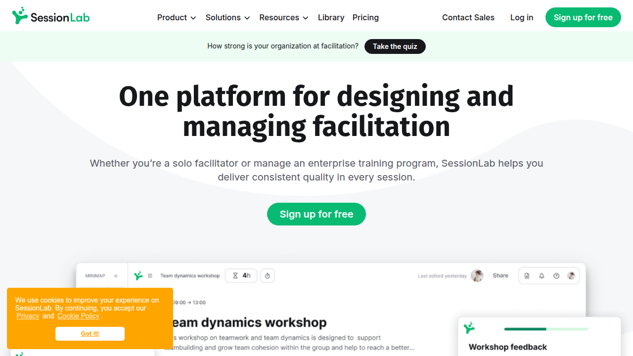 Screenshot of the SessionLab homepage, a resource for workshop planning and team activity methods.