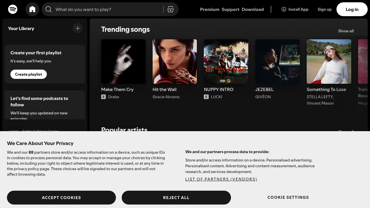 A view of the Spotify web player, illustrating where teams can create and share collaborative playlists as a background activity for culture building.