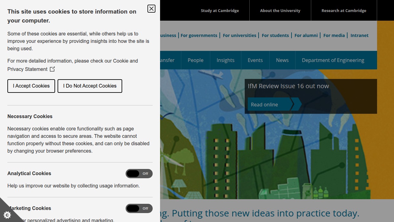 Screenshot of the homepage for the Institute for Manufacturing at the University of Cambridge, a research hub.