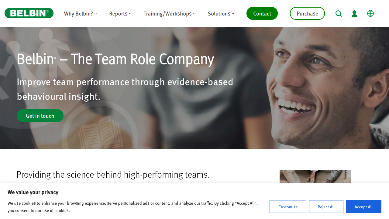 Screenshot of the homepage for The Belbin Team Role Company, an organization dedicated to Belbin's team role theory.