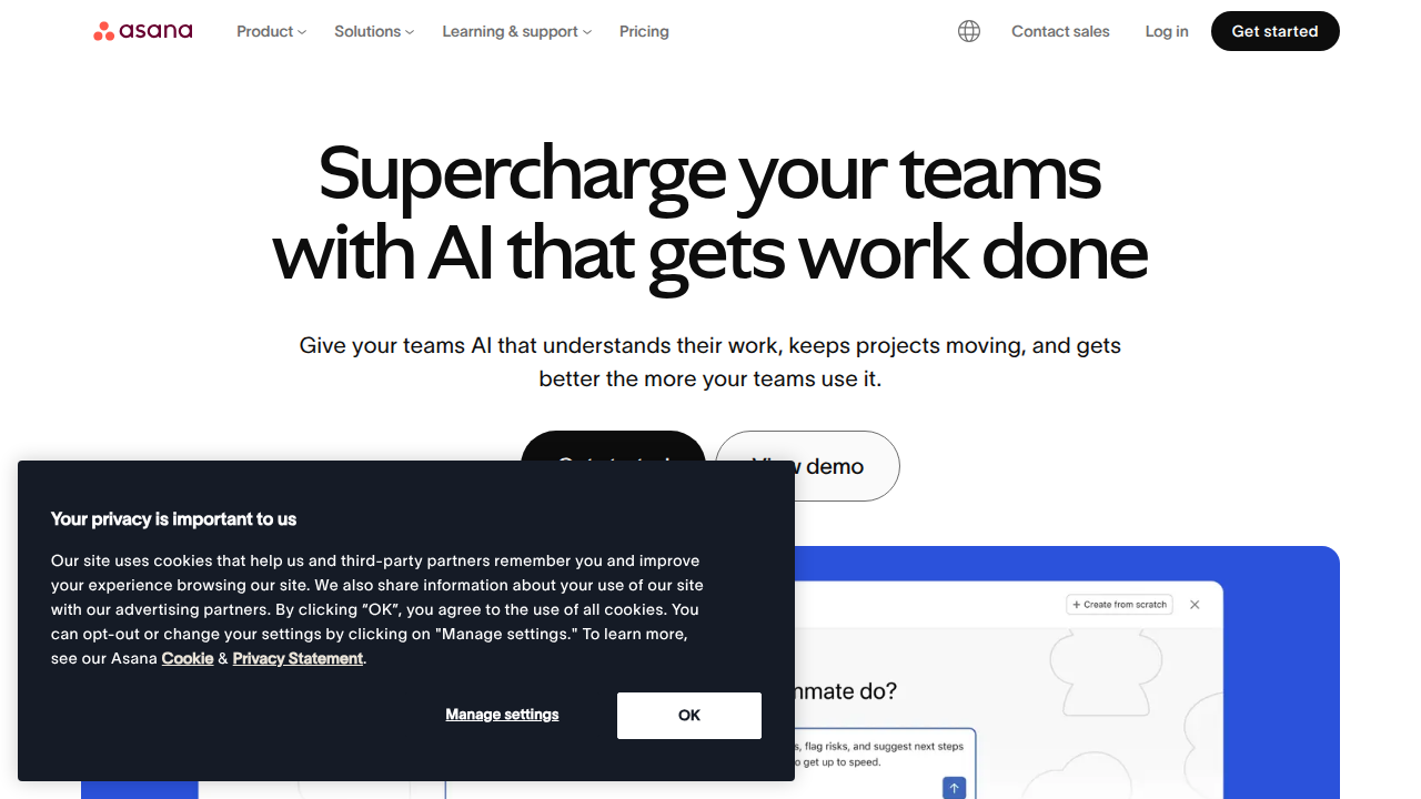 Screenshot of the Asana homepage, a popular work management platform that helps teams organize and manage tasks, supporting role clarity and project completion.