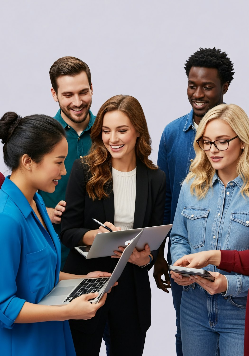 A diverse team of professionals actively shares ideas and collaborates, embodying effective design and engineering practice.