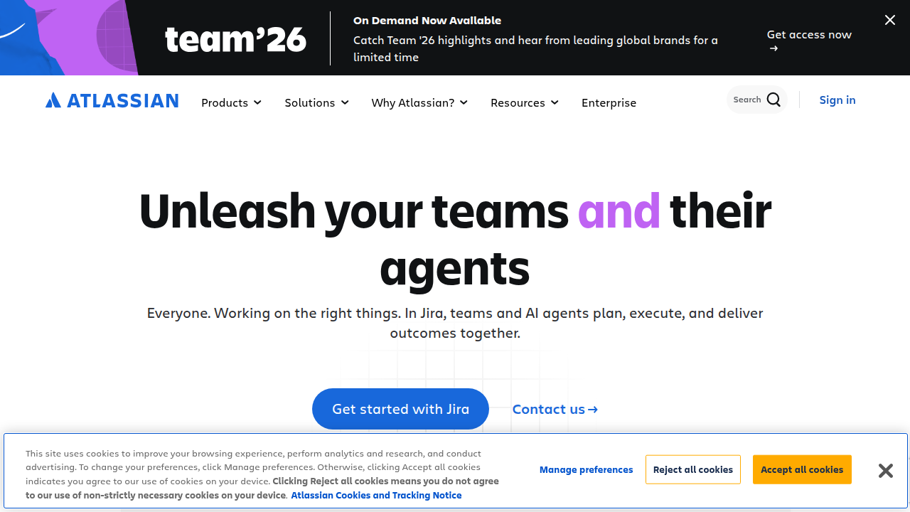 The homepage of Atlassian, a company known for its collaboration software (like Jira and Confluence) and its thought leadership on Agile methodologies and team practices.
