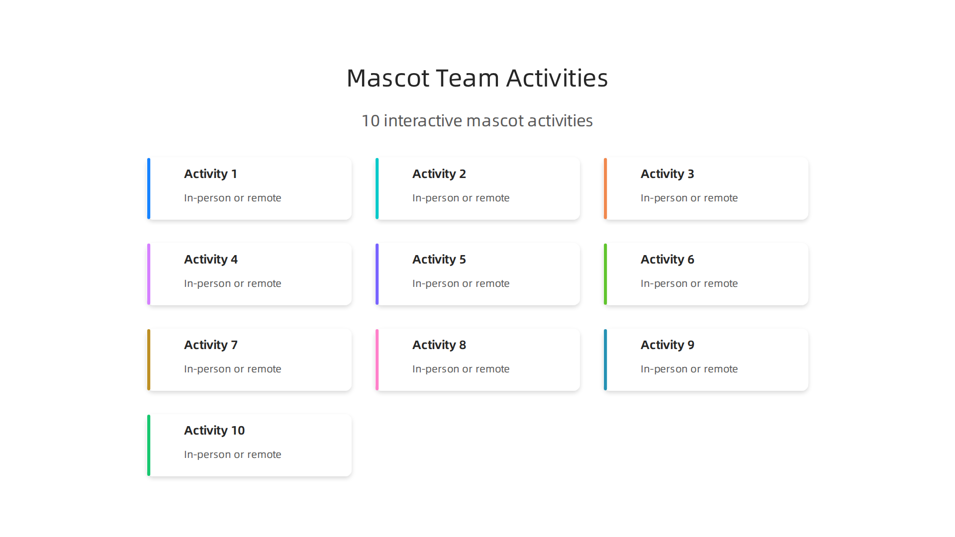 An infographic presenting 10 interactive team-building activities that effectively integrate a team mascot for enhanced engagement and fun across all team types.