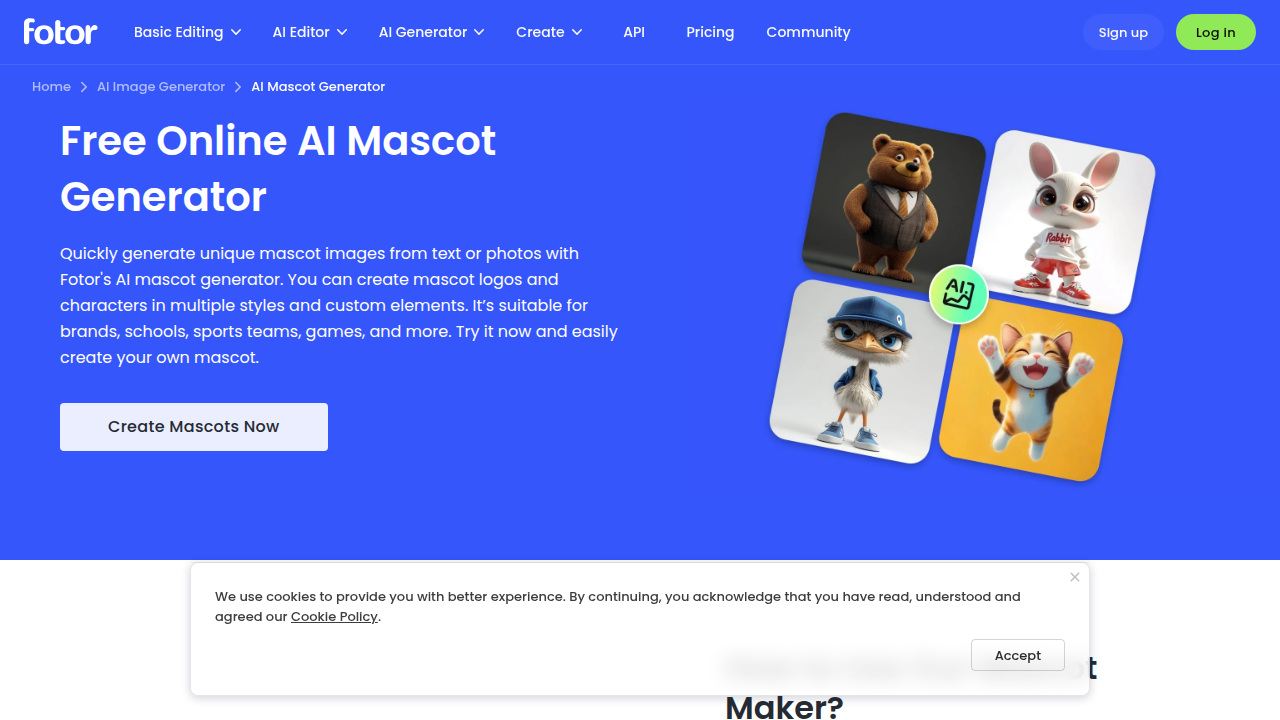 Screenshot of Fotor's AI Mascot Generator, a free online tool that enables users to quickly create character designs from simple text descriptions.