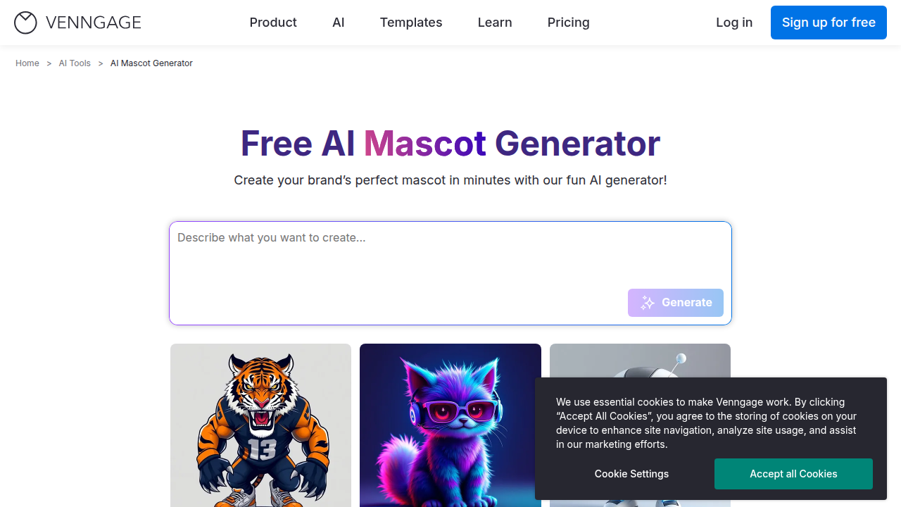 Screenshot of Venngage's AI Mascot Generator, showcasing its capability to produce various styles for creating unique and appealing team mascots.