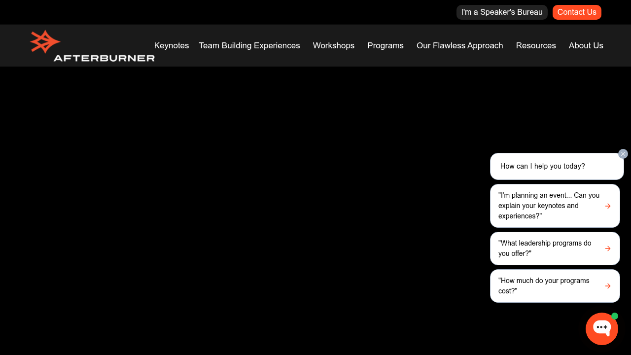 Screenshot of the Afterburner website, a resource offering insights on team performance and leadership, including team-building activities.