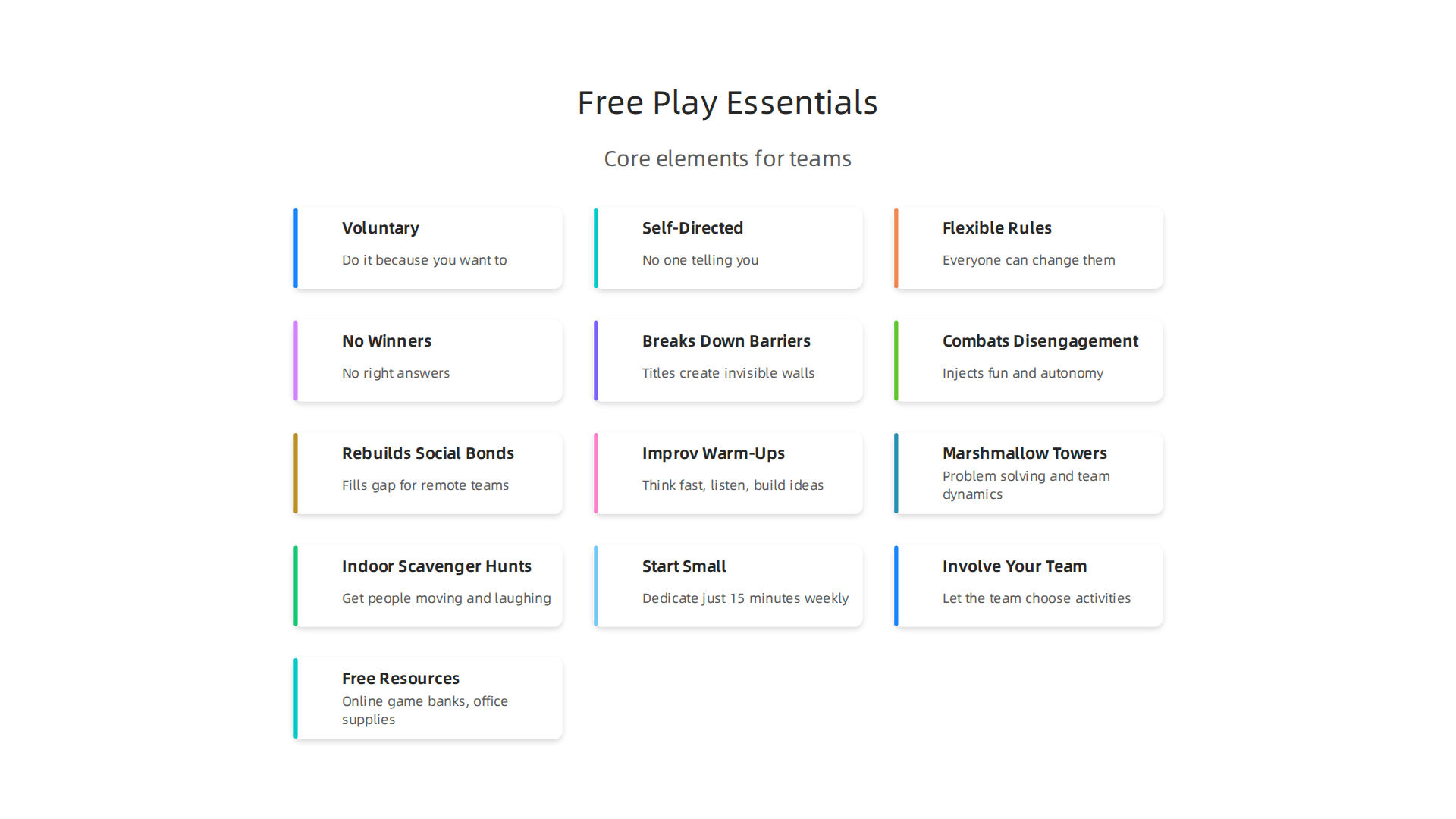 Understanding the core elements of free play helps integrate it effectively into any work environment.