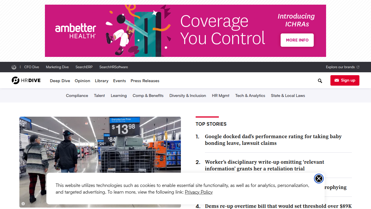 The HR Dive news website, covering a report on the 2026 hiring outlook and the obstacle of skills gaps.