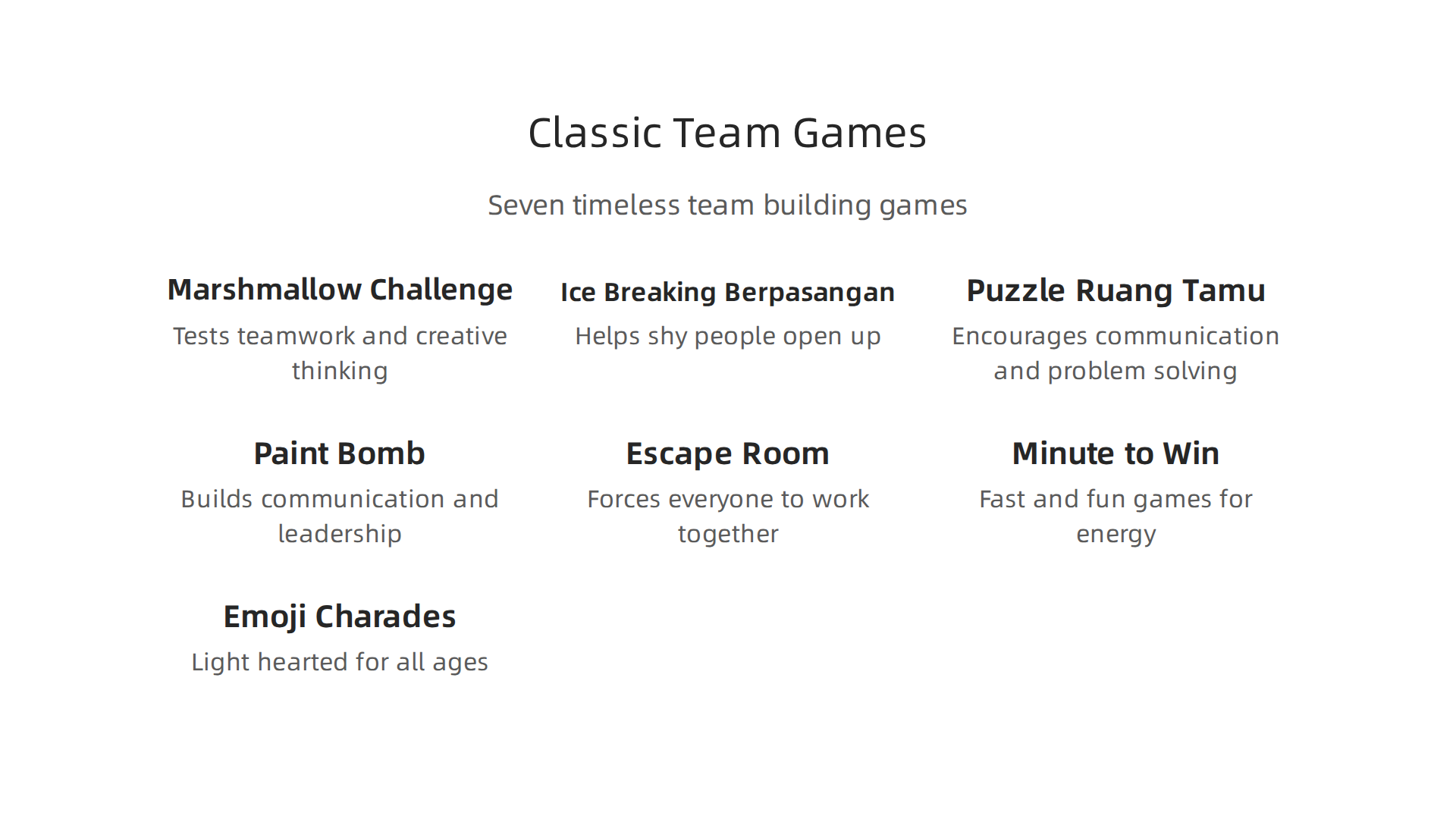 A selection of 7 classic team building games proven to foster teamwork and communication in various settings.