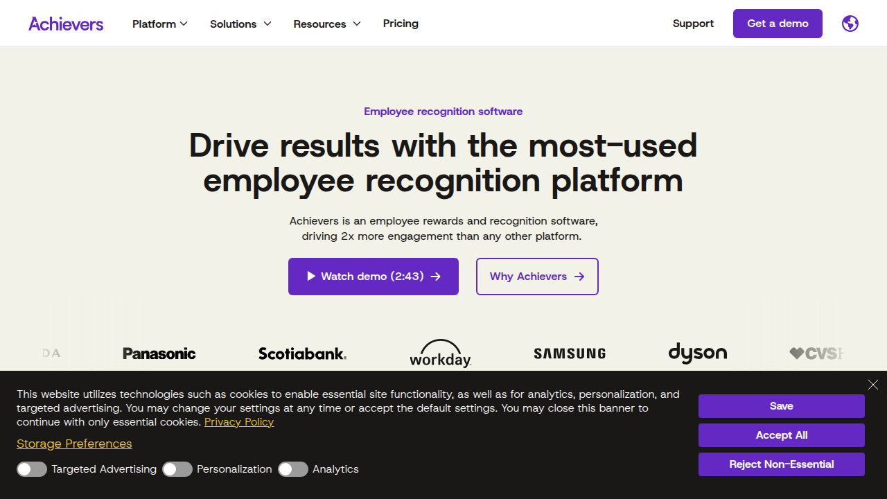 Screenshot of the Achievers website homepage, a platform focused on employee recognition and engagement.
