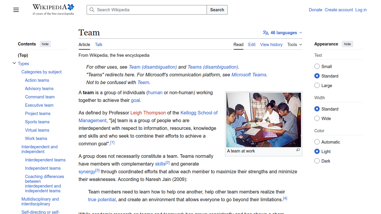 A screenshot of the Wikipedia page for 'Team', showing its definition as a group working towards a shared goal.