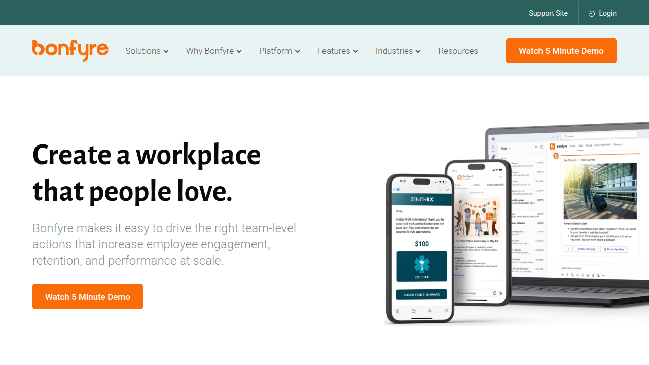 A screenshot of the Bonfyre platform homepage, focusing on employee engagement and communication.
