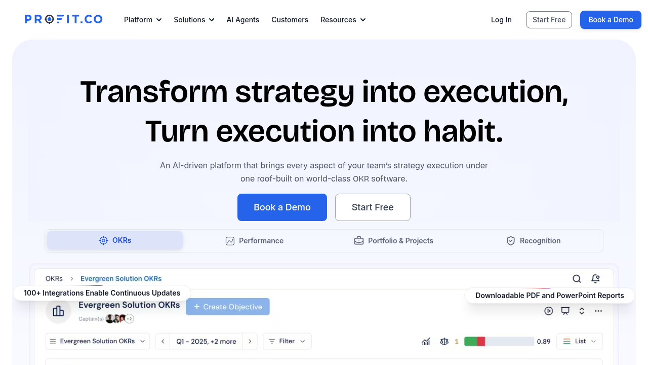 A screenshot of the Profit.co homepage, a platform for OKR and performance management, relevant to psychological safety and engagement.
