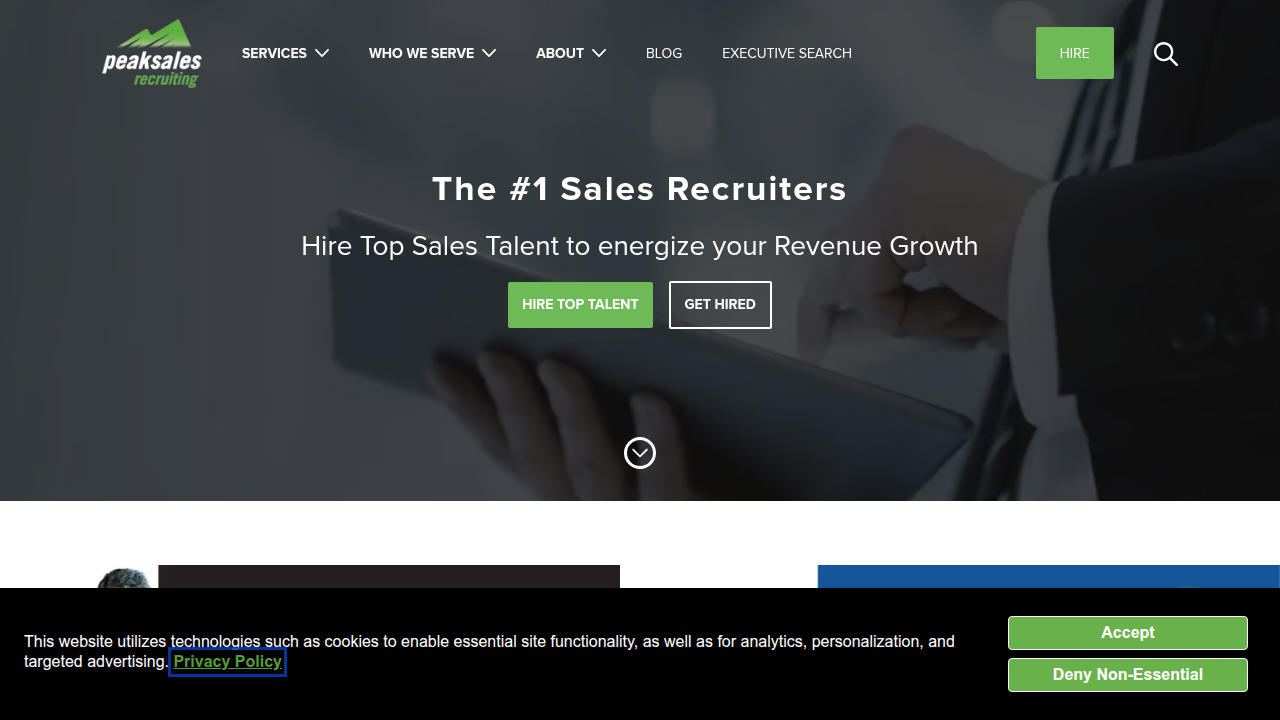 Screenshot of the Peak Sales Recruiting homepage, a resource for sales recruitment and insights.