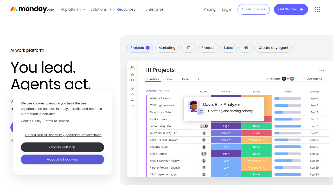 Screenshot of the Monday.com homepage, a popular work OS for managing projects and teams.