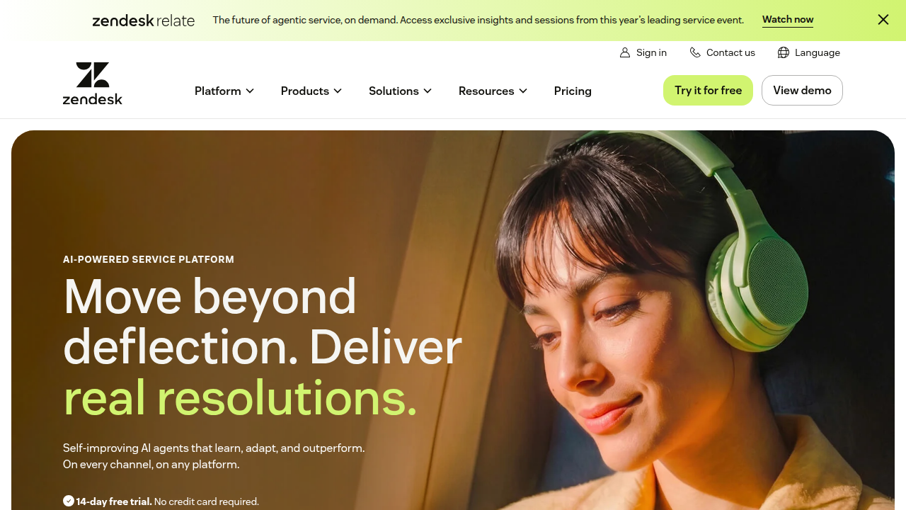 Screenshot of the Zendesk homepage, a customer service and engagement platform.