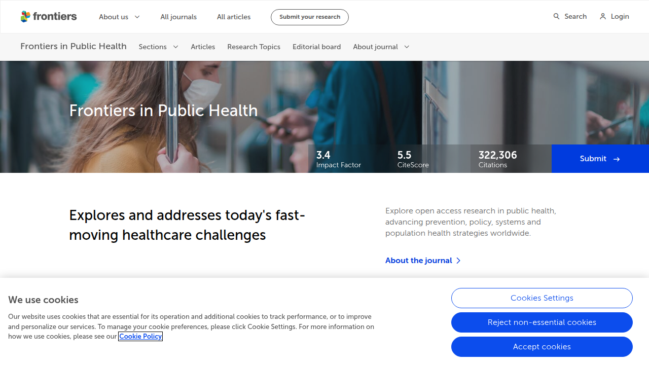 The homepage of Frontiers in Public Health, a journal that publishes research on the effects of creative play interventions.
