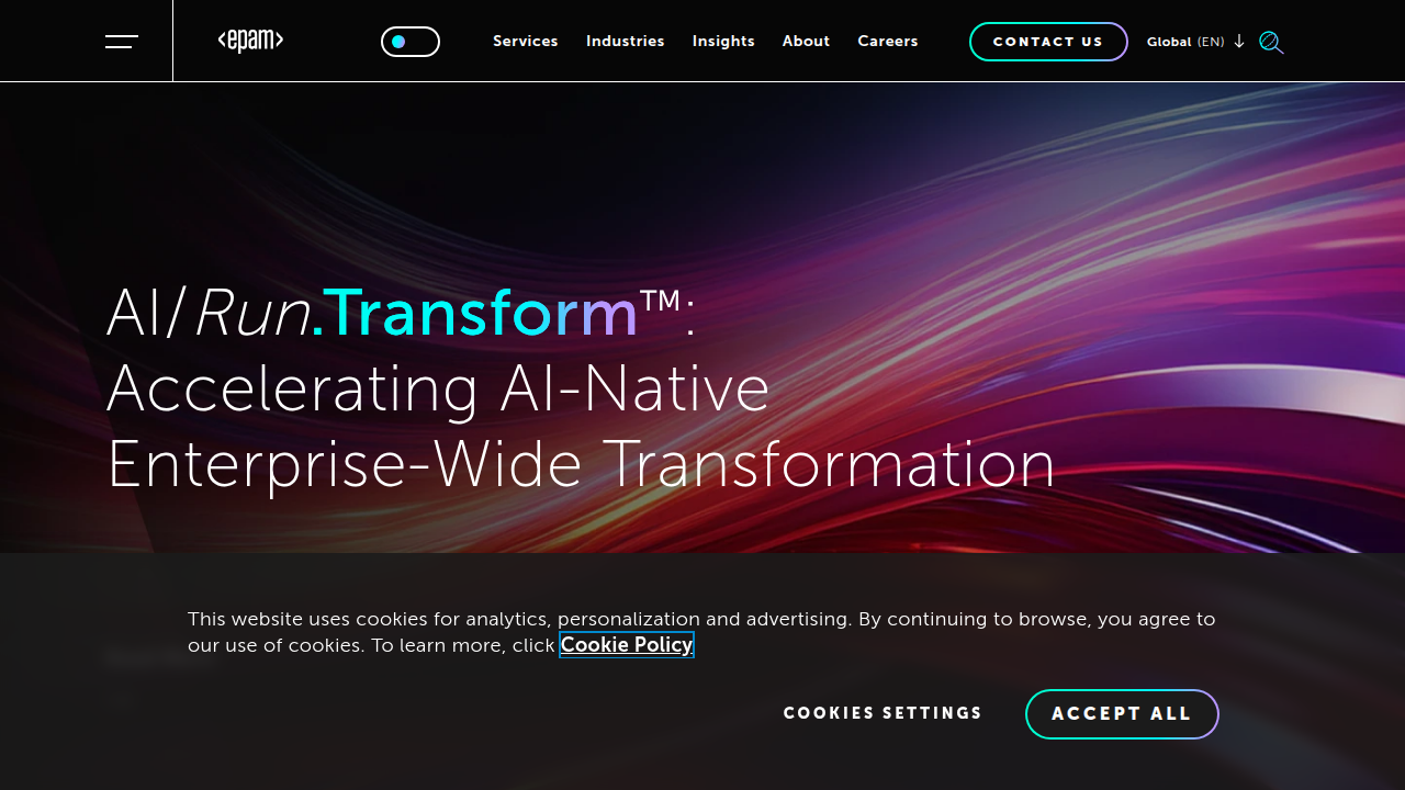 The homepage of EPAM Solutions Hub, a resource for technical insights including open-source licenses and software development.