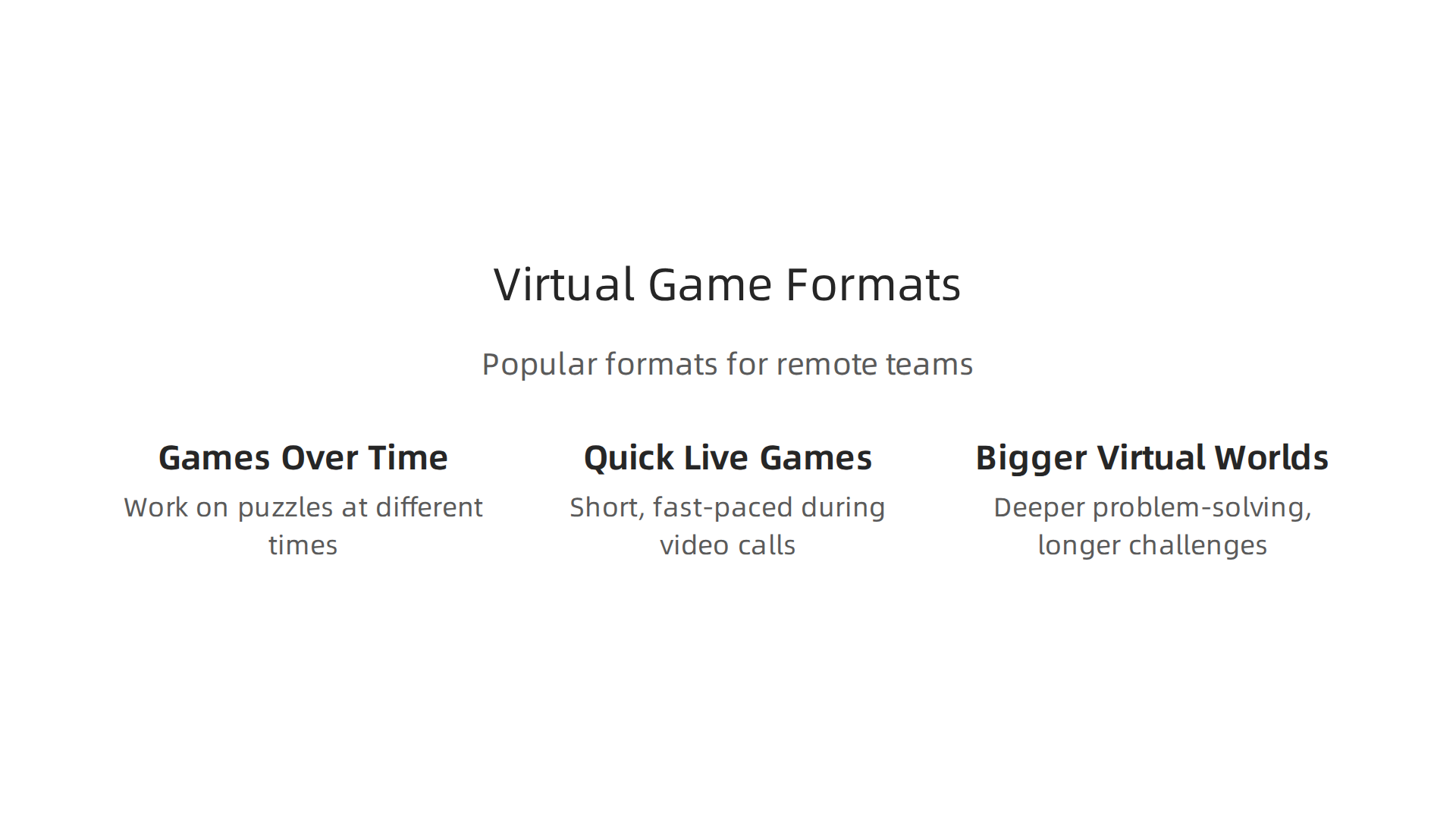 Different virtual game formats suitable for remote and hybrid teams to foster connection.